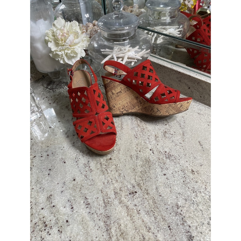 Franco Sarto Shea Red Laser Cut Slingback Cork Wedge Sandals Size 9